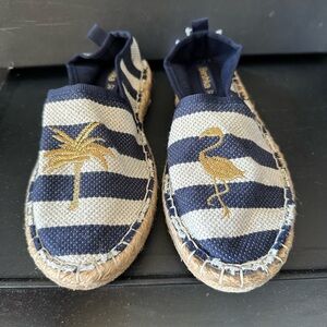 Navy and Gold Striped Women’s Flat Espadrilles with Gold Tropical Motifs